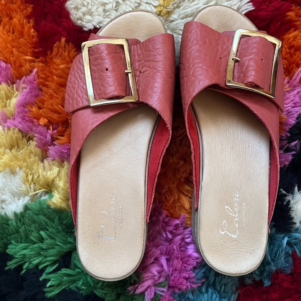 Calou Bohemian Big-Buckle Leather Slide Sandal, Red, Size 39/8-8.5